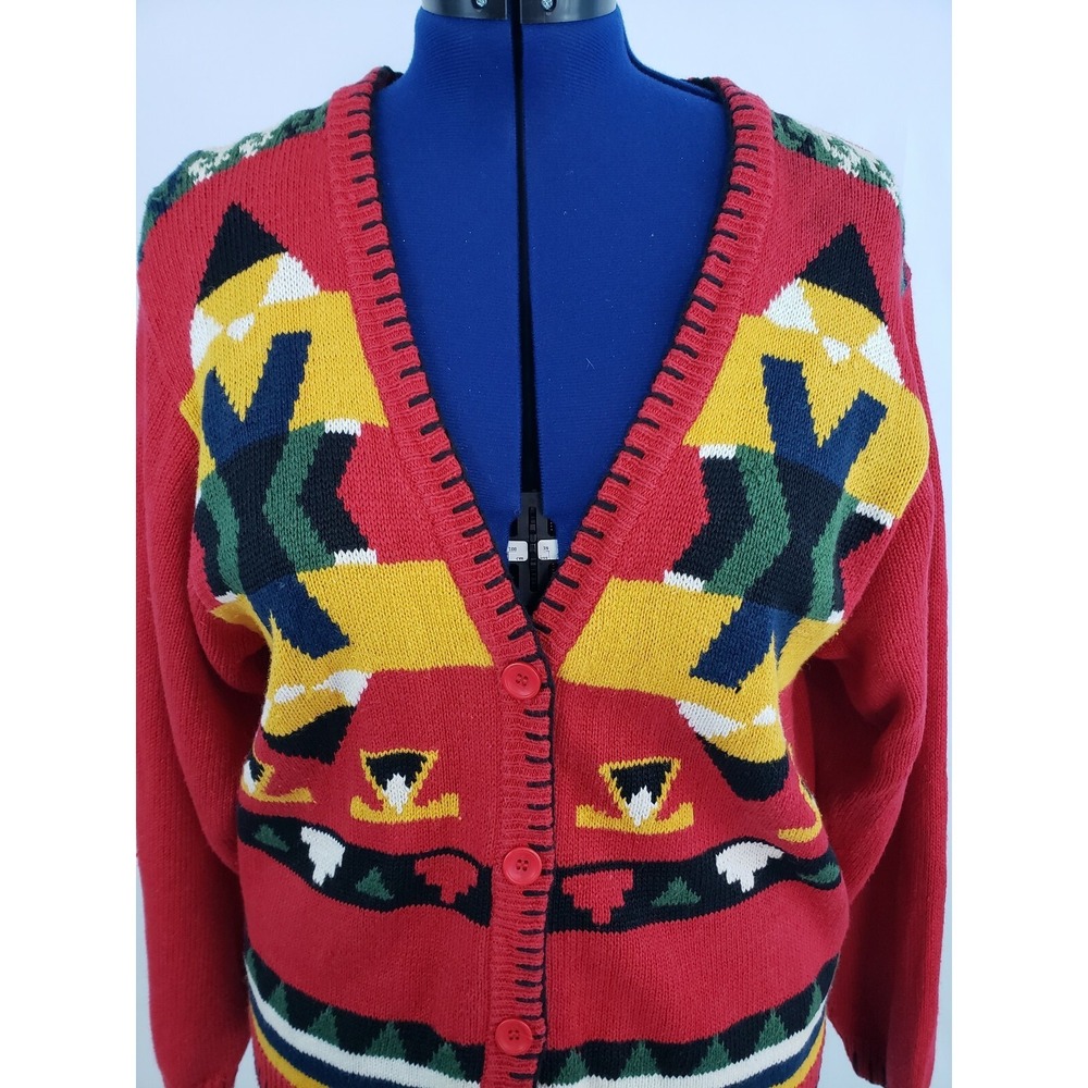 Beyond Blue women's Colorful Geometric Print Sweater Cardigan Size Medium L64 - Picture 7 of 8